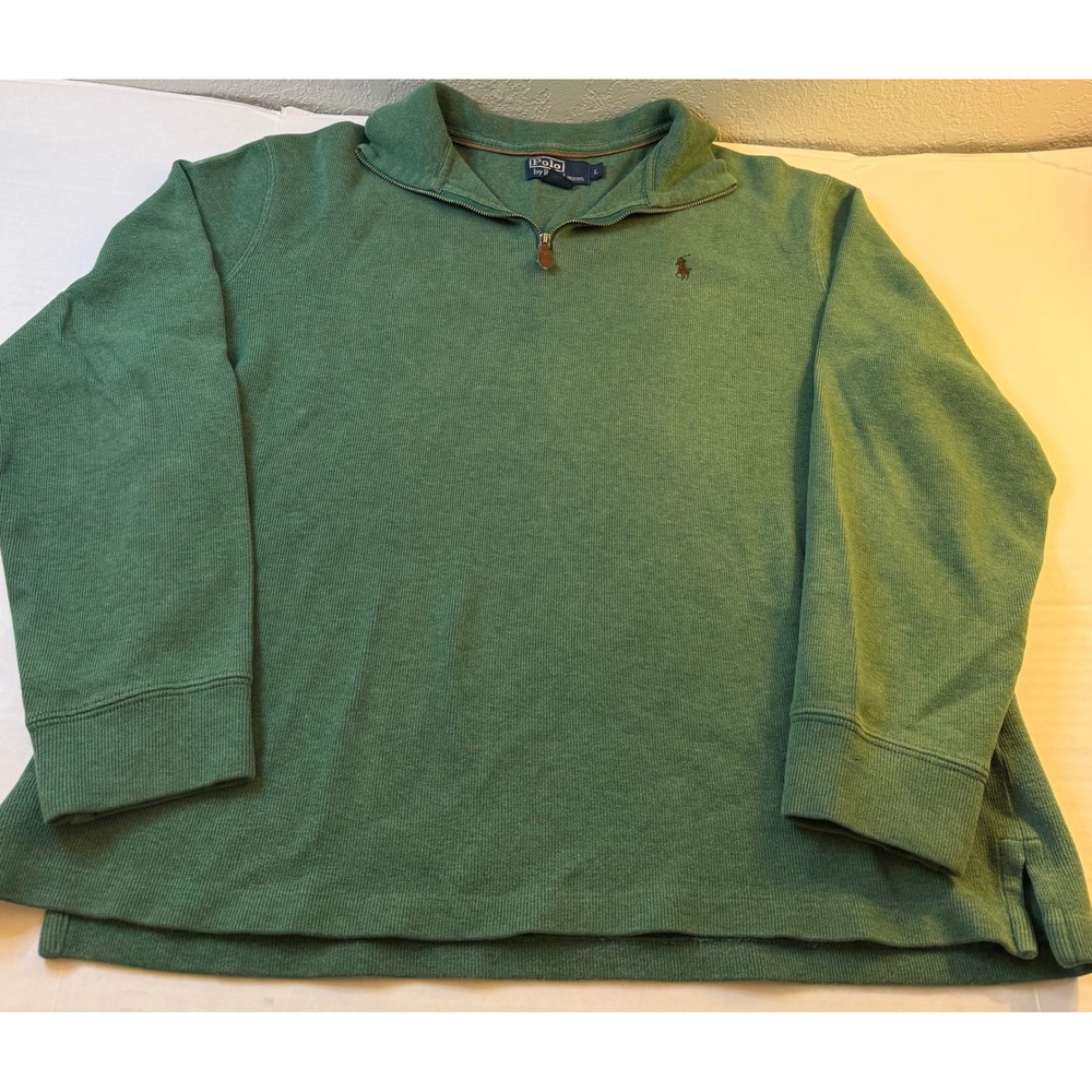 VTG Polo Ralph Lauren Men's Green Ribbed Cotton Quarter Zip Pullover Sweater